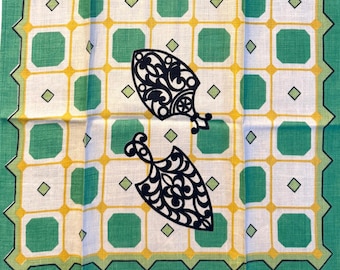 Vintage 1950s Linen Tea Towel | Geometric Graphics | Checkerboard | Retro Kitchen | MCM