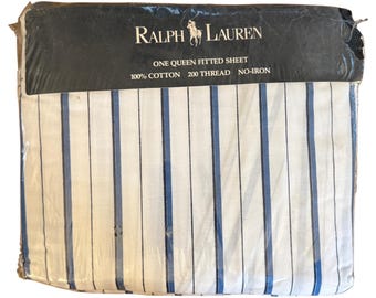 Ralph Lauren Jonquil Blue QUEEN Prześcieradło z dopasowaną gumką | W paski | 60" x 80" | NOS | PRZECZYTAJ