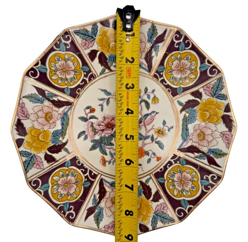 Plato de postre Bibi de Anthropologie / Ciruela / Floral / Pájaro / Ribete dorado / Ensalada / Guarnición / 23 cm imagen 2