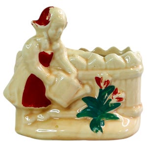 Vintage Hand Painted Planter of a Dutch Girl Watering Flowers | Marked USA | 4.5&quot;