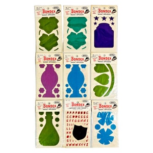 Lot of 9 Vintage Bondex Hot Iron On Fabric Appliqués | Leaves | Jars | Flowers | Alphabet | Crests | Factory Sealed | NOS | New