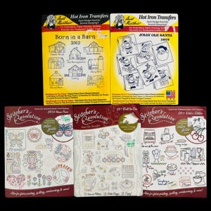 Lot of 5 Hot Iron Embroidery Transfers/Patterns by Aunt Martha's and Stitcher's Revolution | Barn | Jolly Santa | Flower Power | NOS | New