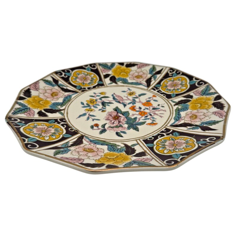 Plato de postre Bibi de Anthropologie / Ciruela / Floral / Pájaro / Ribete dorado / Ensalada / Guarnición / 23 cm imagen 3
