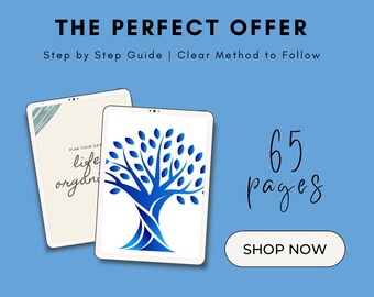 May include: A blue and white digital planner with a tree design and the text "PLAN YOUR DAY life organized" on the cover. The planner is open to a page with a blue tree design. The text "65 pages" and "SHOP NOW" are also visible.