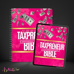 Puede incluir: Un cuaderno rosa con espiral y una tableta con el texto "TAXPRENEUR BIBLE" y billetes de dólar cayendo en el fondo. El cuaderno y la tableta tienen detalles dorados y el texto "Essential Tax Terminology and Preparation Techniques".