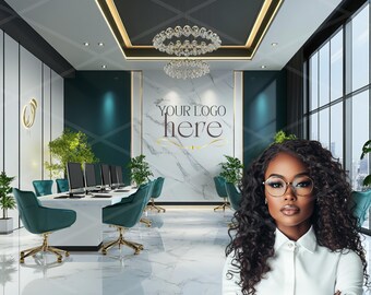 May include: A modern office interior with a teal wall, white marble, and a chandelier. The office has a desk with teal chairs and computers. The text "YOUR LOGO here" is on the wall. A woman with long curly hair is standing in front of the office.