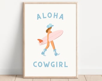 Aloha Cowgirl Poster Küsten Cowgirl Druck Surfer Cowgirl Wandkunst Western Dekor Preppy Pink und Blau Trendige Illustration Cowboy Wohnheim Poster