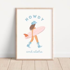 Howdy and Aloha Poster Coastal Cowgirl Print Surfer Cowgirl Wall Art Western Decor Preppy Blue Pink Dorm Print Trendy Illustration Cowboy image 1