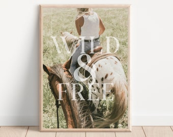 Wild and Free Wall Print Western Poster Print Coastal Cowgirl Riding Horse Neutral Colors Nature Print Dorm Wall Art Aesthetic Wall Decor