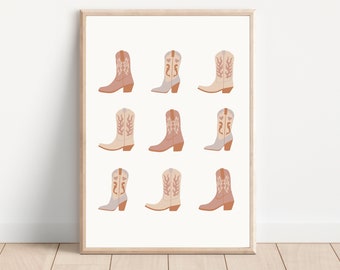 Cowgirl Boots Print Beige Blue Preppy Wall Poster Coastal Cowgirl Trendy Wall Art Western Bedroom Decor Rodeo Cowgirl Print Digital Download