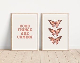 Good Things Are Coming Print Set of 2 Watercolor Butterflies Positive Quote Spiritual Manifestation Wall Art Neutral Warm Dorm Wall Decor