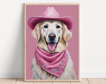 Golden Retriever Wall Art Preppy Pink Print Dog Lover Gift Puppy Portrait Painting Wall Decor Cowboy Hat Dog Printable Art Dorm Room Poster