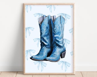 Coqueta Vaquera Arte de la pared Botas de vaquero Lazos azules Decoración de la pared occidental Pintura al óleo Impresión de niña suave Arte de la pared del dormitorio preppy femenino Arte imprimible