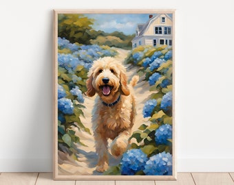 May include: A painting of a golden doodle dog running along a path lined with blue hydrangeas. The dog is smiling and wearing a blue collar. In the background, a white house with blue shutters can be seen.