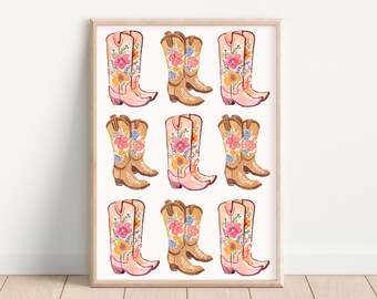 Coquette Cowgirl Wall Art Western Wall Decor Watercolor Painting Cowboy Boots Soft Girl Print Dorm Wall Art Floral Cowgirl Boots Printable