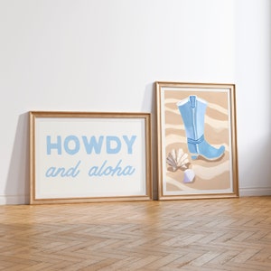 Howdy and Aloha Print Set of 2 Coastal Cowgirl Wall Art Cowboy Boots Beach Decor Blue Apartment Decor Western Dorm Print Watercolor Painting