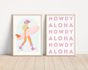 Coastal Cowgirl Print Set of 2 Print Howdy Aloha Surfer Cowgirl Wall Art Western Decor Preppy Pink Blue Trendy Printable Art Dorm Poster