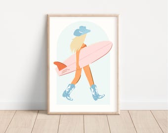 Coastal Cowgirl Print Howdy Aloha Surfer Cowgirl Wall Art Western Decor Preppy Pink Blue Aesthetic Trendy Printable Dorm Room Poster