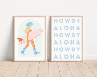 Coastal Cowgirl Print Set of 2 Print Howdy Aloha Surfer Cowgirl Wall Art Western Decor Preppy Pink Blue Trendy Printable Art Dorm Poster