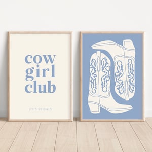 Coastal Cowgirl Print Set of 2 Cowgirl Club Wall Art Western Decor Preppy Blue Dorm Print Trendy Illustration Cowboy Boots Cowgirl Aesthetic