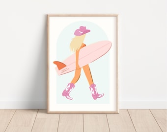 Coastal Cowgirl Print Howdy Aloha Surfer Cowgirl Wall Art Western Decor Preppy Pink Blue Aesthetic Trendy Printable Dorm Room Poster