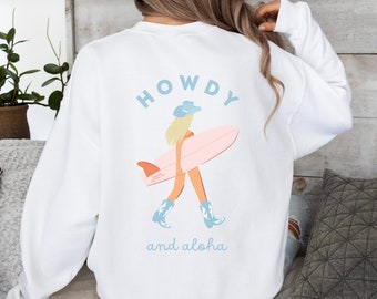 Bluza z nadrukiem Coastal Cowgirl Preppy Western Cowgirl Surfer Crewneck Howdy and Aloha Shirt Cowgirl Estetyczna, różowo-niebieska bluza z nadrukiem Coastal Cowgirl
