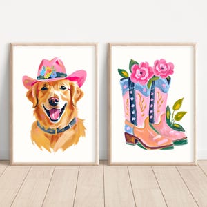 Golden Retriever Art Set Preppy Floral Dog Print Puppy Portrait Painting Western Wall Decor Cowboy Hat Boots Dog Printable Art Dorm Room Art