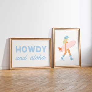 Howdy and Aloha Print Set of 2 Coastal Cowgirl Blonde Surfer Wall Art Western Decor Preppy Blue Beachy Trendy Wall Art Cowboy Dorm Poster