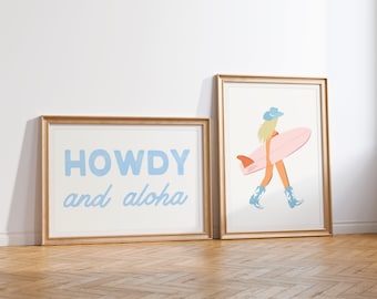 Howdy and Aloha Print Set of 2 Coastal Cowgirl Blonde Surfer Wall Art Western Decor Preppy Blue Beachy Trendy Wall Art Cowboy Dorm Poster