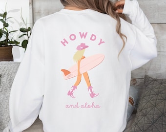 Bluza z kapturem Coastal Cowgirl Preppy Western Cowgirl Surfer Crewneck Howdy and Aloha Shirt Cowgirl Estetyczna Preppy Pink Coastal Pullover Prezent