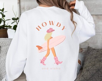 Bluza z kapturem Coastal Cowgirl Preppy Western Cowgirl Surfer Crewneck Howdy and Aloha Shirt Cowgirl Estetyczna Preppy Pink Coastal Pullover Prezent