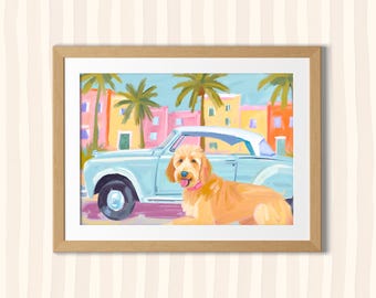 Goldendoodle Wall Art Preppy Pink Blue Dog Print Dog Lover Gift Downtown Charleston Painting Trendy Dog Poster Dorm Poster Nursey Room Art