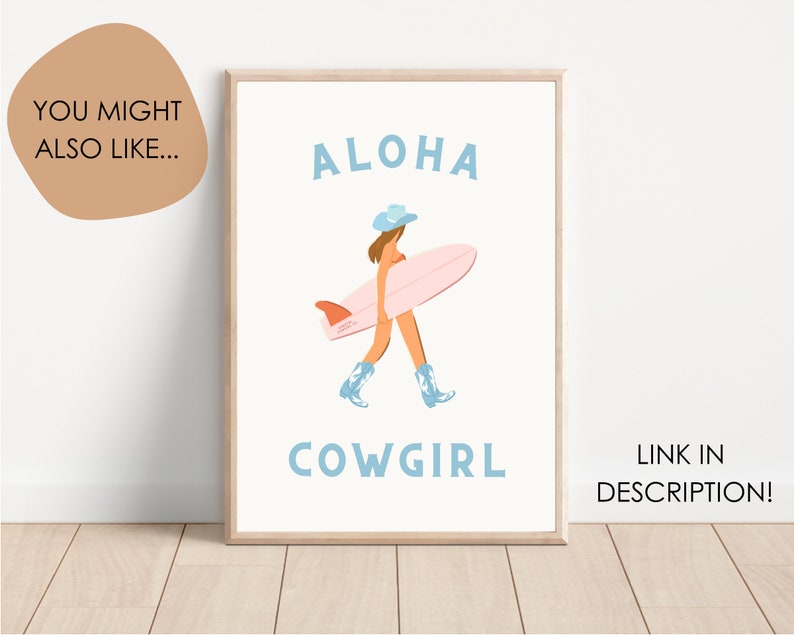 Howdy and Aloha Poster Coastal Cowgirl Print Surfer Cowgirl Wall Art Western Decor Preppy Blue Pink Dorm Print Trendy Illustration Cowboy image 7