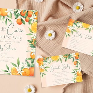 Editable Little Cutie Baby Shower Invitation, Orange Baby Shower Invite, Pink Orange Citrus Baby Shower Invite, Citrus invitation bundle