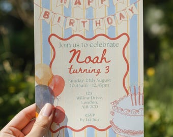 Vintage Boy Birthday Invitation: Red & Blue Stripes - Canva Template - Digital Instant Download