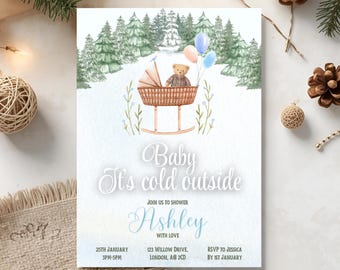 May include: Baby shower invitation with a winter theme. The invitation features a watercolor illustration of a baby carriage with a teddy bear, balloons, and a snowy forest backdrop. Text includes "Baby It's cold outside" and shower details.