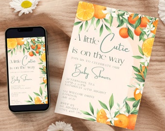 Editable Little Cutie Baby Shower Invitation, Orange Baby Shower Invite, Pink Orange Citrus Baby Shower Invitation, Citrus invitation