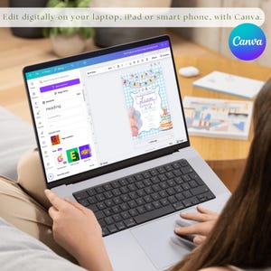 May include: A laptop screen showing a birthday invitation design, with the Canva logo visible. The invitation has a blue gingham border, balloons, and a cake. The text on the screen reads "Liam turning 3". The image also includes the text "Edit digitally on your laptop, iPad or smart phone, with Canva."