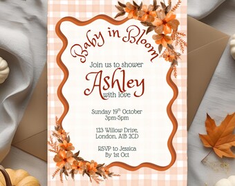 Fall Baby Shower Invitation: Gingham Floral, Rustic Watercolor (Canva Template, 5x7 inches)