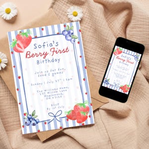 May include: A watercolor-style invitation for Sofia's Berry First Birthday, featuring strawberries and blueberries. The design includes blue and white stripes, with the event details printed on the card. A smartphone displays the same invitation.