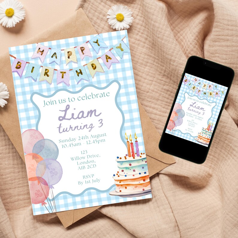 May include: A birthday invitation with a blue gingham pattern and a banner reading "Happy Birthday." The invitation says "Join us to celebrate Liam turning 3." A smartphone shows the same invitation. Balloons and a cake are also included in the design.