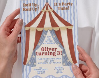 May include: A birthday invitation card with a circus tent design. The card includes the phrases "Roll Up, Roll Up!" and "It's Party Time!" The invitation is for Oliver's 3rd birthday, with details of the party.