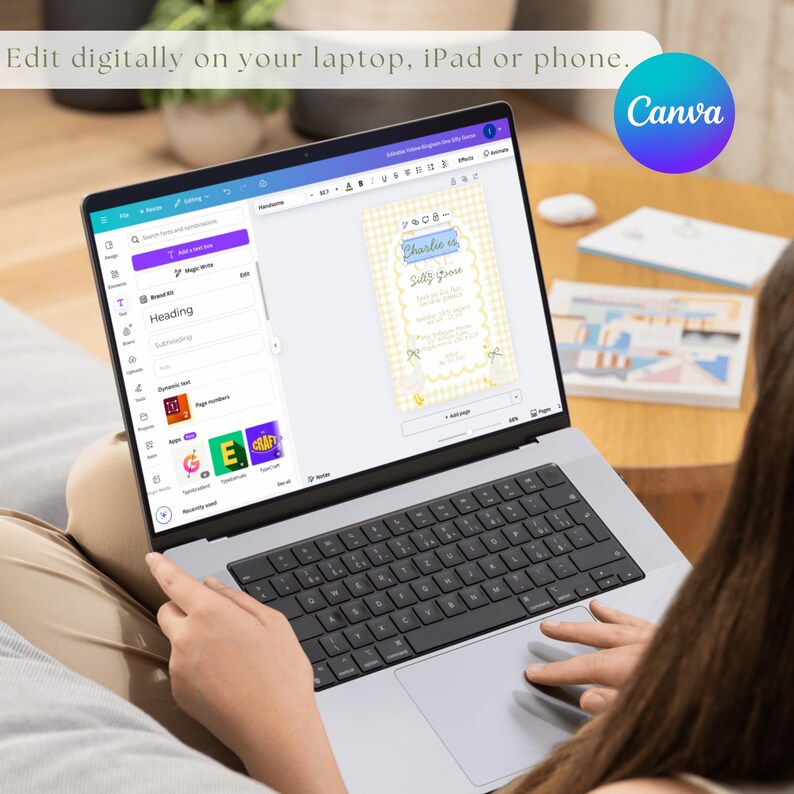 May include: A laptop displaying a Canva design interface with a yellow and white invitation template. The text "Edit digitally on your laptop, iPad or phone" is at the top. A Canva logo is in the upper right corner.
