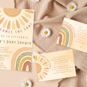 Editable Sunshine Baby Shower Invitation Set, Here Comes the Son Baby Shower Invite, Baby Boy Shower, Boho Sunshine Shower, Sonshine Shower