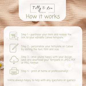 May include: A graphic with the text "Tilly & Lou DESIGNS" and "How it works." Instructions detail purchasing, personalising a Canva template, saving, and printing. The background is a light beige with daisy accents.