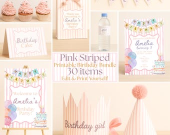Può includere: Una collezione di decorazioni per feste di compleanno a righe rosa, tra cui cupcakes, uno striscione, inviti e un cappello da festa. Il testo sugli articoli recita "Amelia's Birthday Party" e "Birthday Girl".