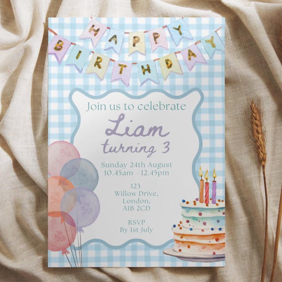 Blue Gingham Invite: Vintage Birthday Pastel Party (Canva Template - Digital Download