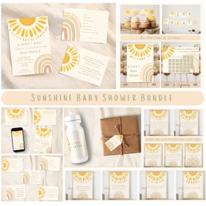 Baby Shower Bundle, Editable Sunshine Baby Shower Invitation Set, A Little Ray of Sunshine Baby Shower Invite, Boho Sunshine Shower Invite