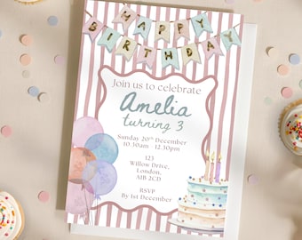 May include: A birthday invitation with a pink and white striped background. The invitation features a banner that reads "Happy Birthday" and includes the text "Join us to celebrate Amelia turning 3". A watercolor cake and balloons are also shown.