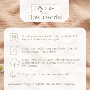May include: A cream-colored graphic with the text "Tilly & Lou Designs" and "How it works." The steps include purchasing, personalizing, saving, and printing a template. The image has a floral design and a soft, neutral color palette.